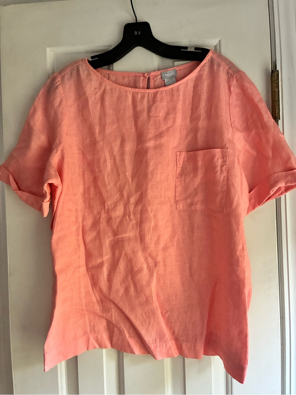 Chico's Coral Linen Short-Sleeve Pocket Top